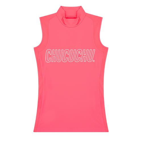 Logo Mock Neck Mesh Sleeveless Top Hot Pink